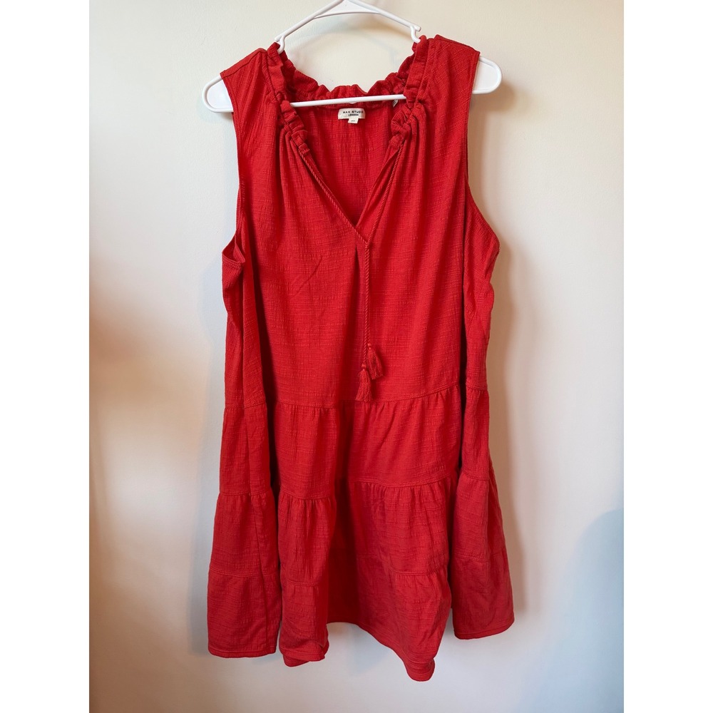 Max Studio London Red Tiered Sleeveless Mini Dress Tassel Tie Neck Plus Size 2X